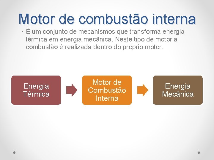 Motor de combustão interna • É um conjunto de mecanismos que transforma energia térmica