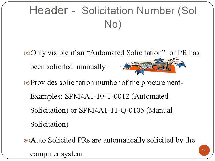 Header - Solicitation Number (Sol No) Only visible if an “Automated Solicitation” or PR