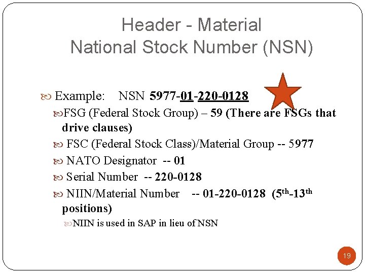 Header - Material National Stock Number (NSN) Example: NSN 5977 -01 -220 -0128 FSG