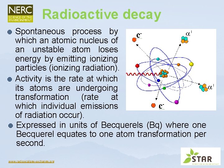 Radioactive decay Spontaneous process by which an atomic nucleus of an unstable atom loses Radioactive decay Spontaneous process by which an atomic nucleus of an unstable atom loses