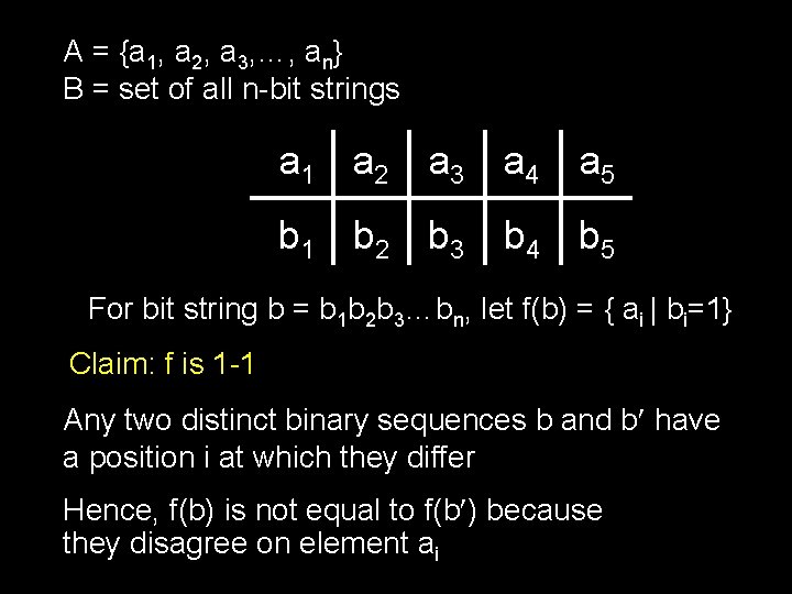 A = {a 1, a 2, a 3, …, an} B = set of