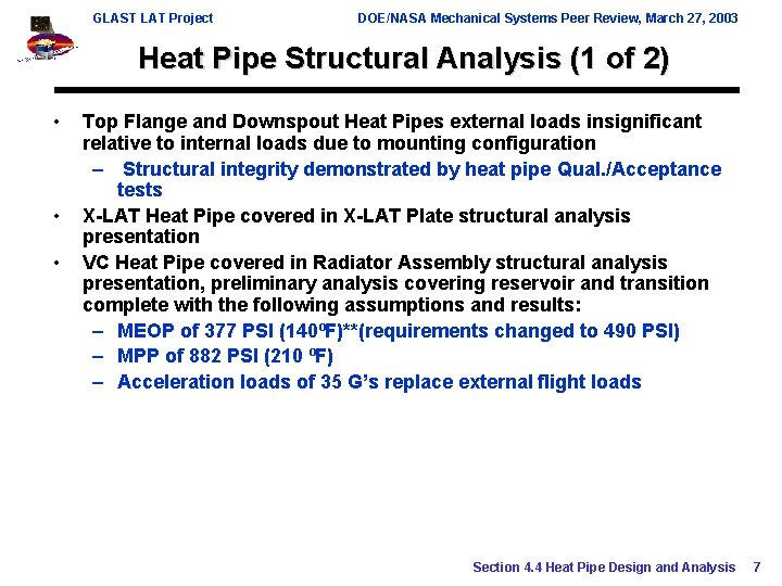 GLAST LAT Project DOE/NASA Mechanical Systems Peer Review, March 27, 2003 Heat Pipe Structural