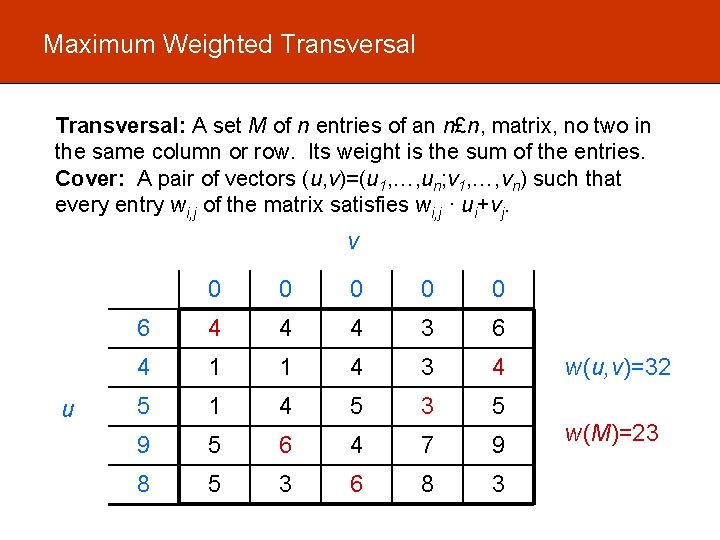 Maximum Weighted Transversal: A set M of n entries of an n£n, matrix, no Maximum Weighted Transversal: A set M of n entries of an n£n, matrix, no