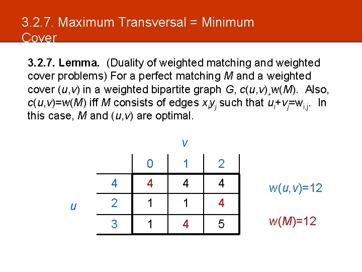 3. 2. 7. Maximum Transversal = Minimum Cover 3. 2. 7. Lemma. (Duality of 3. 2. 7. Maximum Transversal = Minimum Cover 3. 2. 7. Lemma. (Duality of