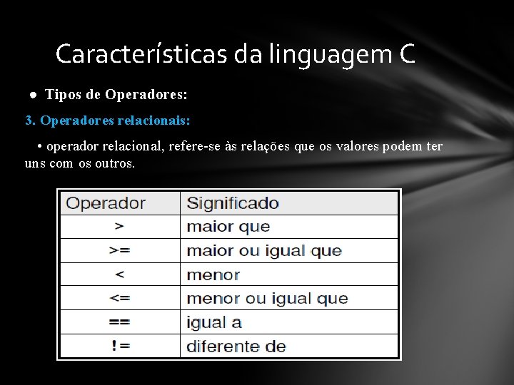 Características da linguagem C ● Tipos de Operadores: 3. Operadores relacionais: • operador relacional,