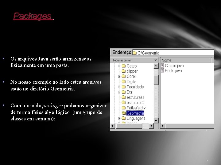 Packages Os arquivos Java serão armazenados fisicamente em uma pasta. No nosso exemplo ao