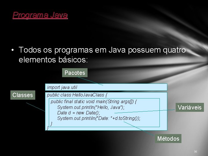 Programa Java • Todos os programas em Java possuem quatro elementos básicos: Pacotes import