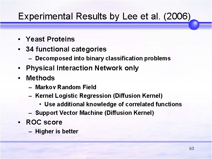 Experimental Results by Lee et al. (2006) • Yeast Proteins • 34 functional categories Experimental Results by Lee et al. (2006) • Yeast Proteins • 34 functional categories