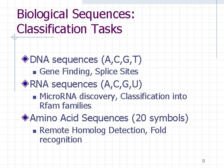Biological Sequences: Classification Tasks DNA sequences (A, C, G, T) n Gene Finding, Splice Biological Sequences: Classification Tasks DNA sequences (A, C, G, T) n Gene Finding, Splice