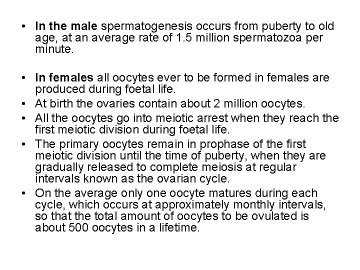 • In the male spermatogenesis occurs from puberty to old age, at an • In the male spermatogenesis occurs from puberty to old age, at an
