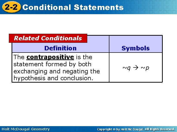 2 -2 Conditional Statements Related Conditionals Definition The contrapositive is the statement formed by