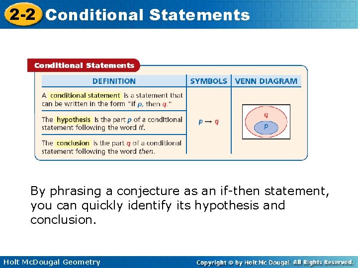 2 -2 Conditional Statements By phrasing a conjecture as an if-then statement, you can