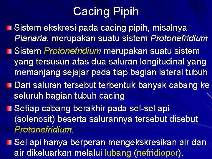 Cacing Pipih Sistem ekskresi pada cacing pipih, misalnya Planaria, merupakan suatu sistem Protonefridium Sistem