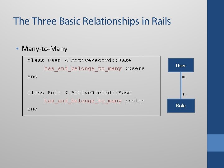 The Three Basic Relationships in Rails • Many-to-Many class User < Active. Record: : The Three Basic Relationships in Rails • Many-to-Many class User < Active. Record: :