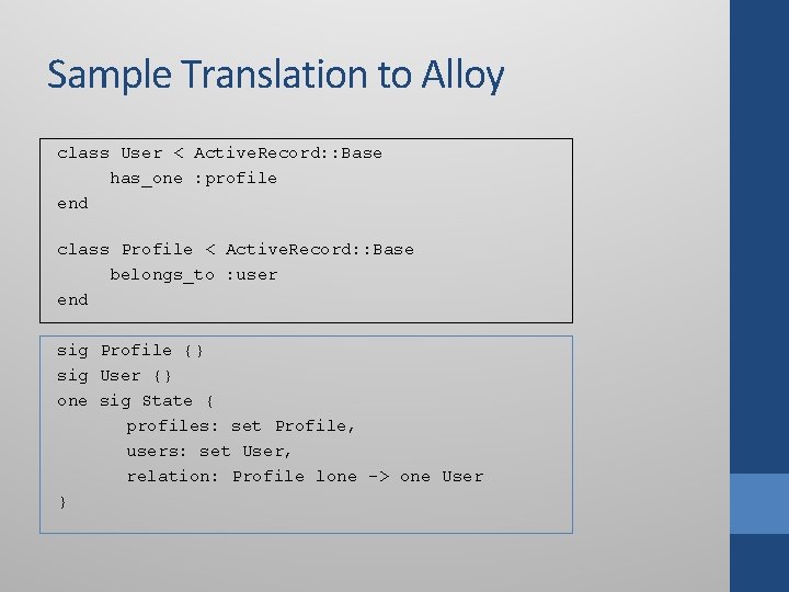 Sample Translation to Alloy class User < Active. Record: : Base has_one : profile Sample Translation to Alloy class User < Active. Record: : Base has_one : profile