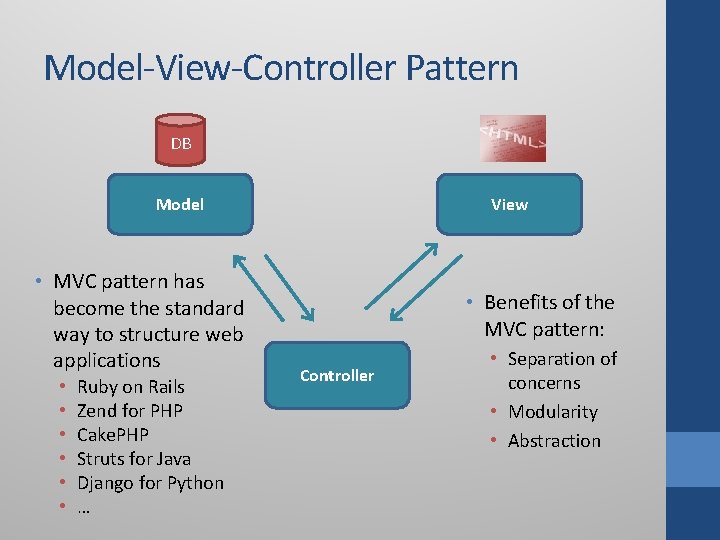 Model-View-Controller Pattern DB Model • MVC pattern has become the standard way to structure Model-View-Controller Pattern DB Model • MVC pattern has become the standard way to structure