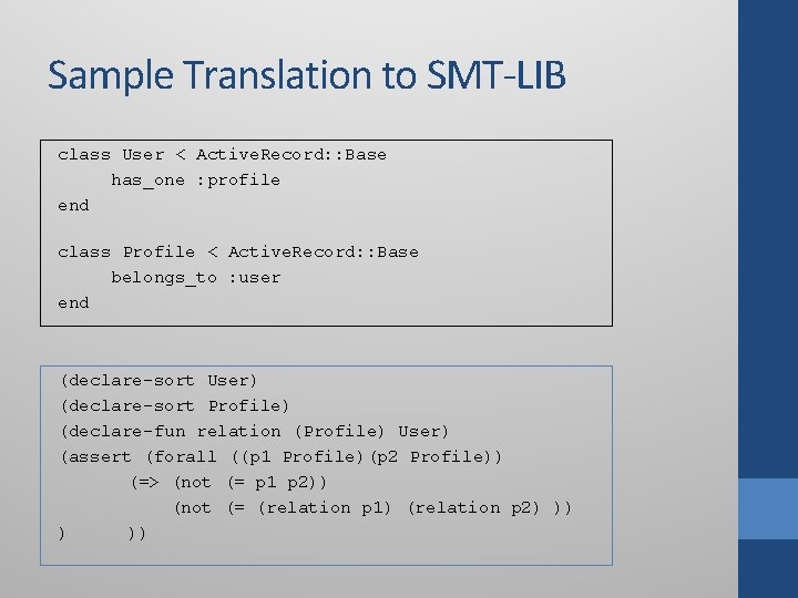 Sample Translation to SMT-LIB class User < Active. Record: : Base has_one : profile Sample Translation to SMT-LIB class User < Active. Record: : Base has_one : profile