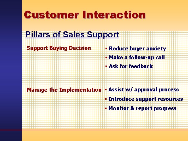 Customer Interaction Pillars of Sales Support Buying Decision § Reduce buyer anxiety § Make