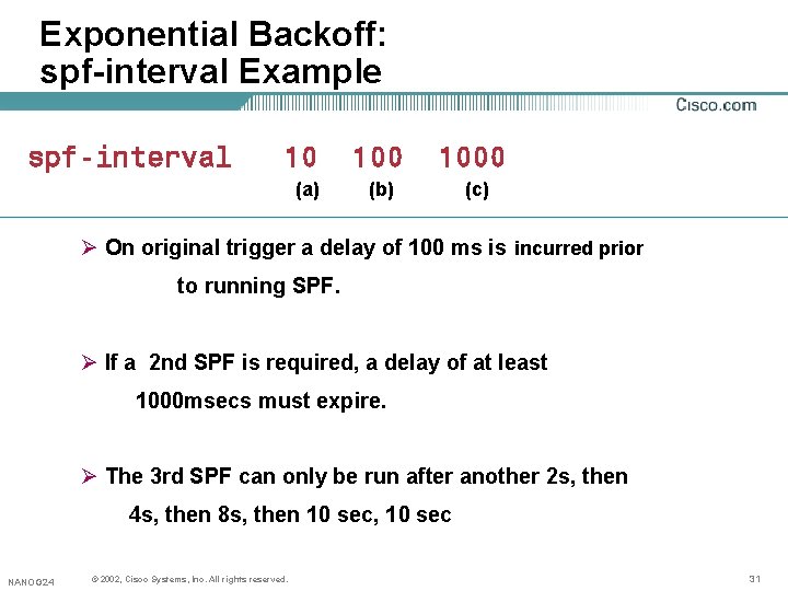 Exponential Backoff: spf-interval Example spf-interval 10 (a) 1000 (b) (c) Ø On original trigger Exponential Backoff: spf-interval Example spf-interval 10 (a) 1000 (b) (c) Ø On original trigger
