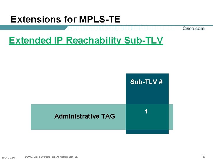 Extensions for MPLS-TE Extended IP Reachability Sub-TLV # Administrative TAG NANOG 24 © 2002, Extensions for MPLS-TE Extended IP Reachability Sub-TLV # Administrative TAG NANOG 24 © 2002,