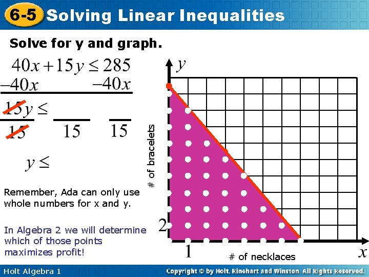 6 -5 Solving Linear Inequalities Remember, Ada can only use whole numbers for x