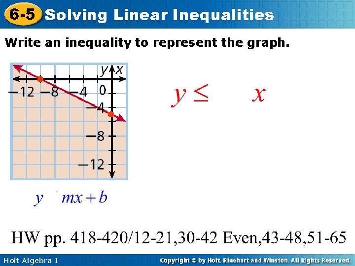 6 -5 Solving Linear Inequalities Write an inequality to represent the graph. Holt Algebra