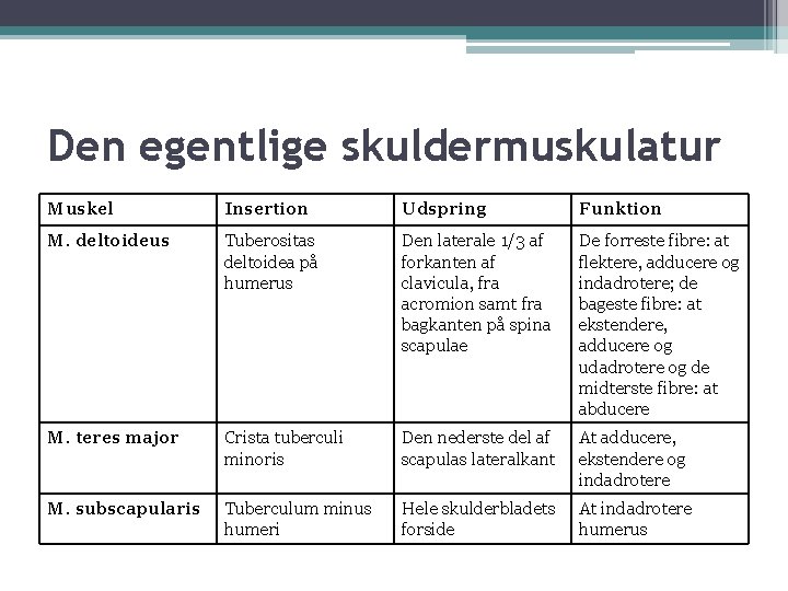 Den egentlige skuldermuskulatur Muskel Insertion Udspring Funktion M. deltoideus Tuberositas deltoidea på humerus Den