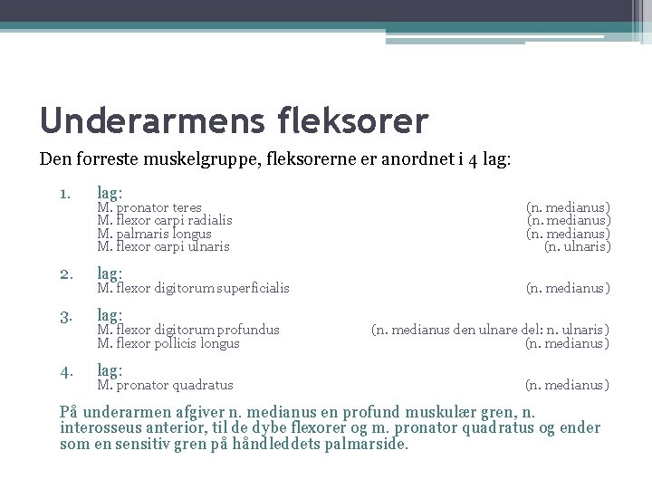 Underarmens fleksorer Den forreste muskelgruppe, fleksorerne er anordnet i 4 lag: 1. lag: 2.