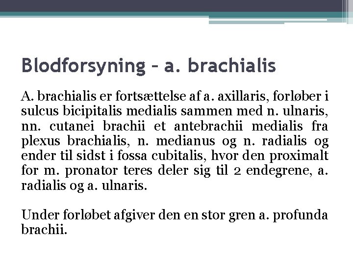 Blodforsyning – a. brachialis A. brachialis er fortsættelse af a. axillaris, forløber i sulcus