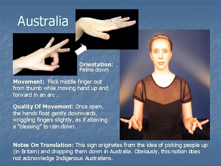 Australia Orientation: Palms down Movement: Flick middle finger out from thumb while moving hand