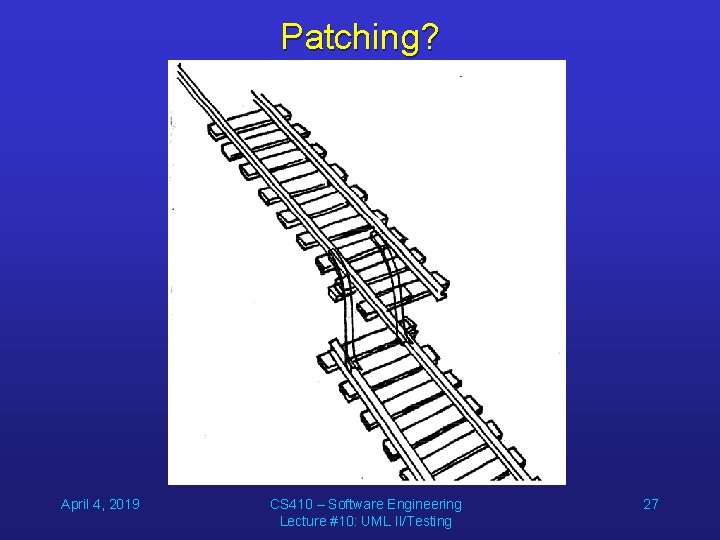 Patching? April 4, 2019 CS 410 – Software Engineering Lecture #10: UML II/Testing 27