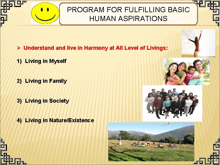 PROGRAM FOR FULFILLING BASIC HUMAN ASPIRATIONS Ø Understand live in Harmony at All Level