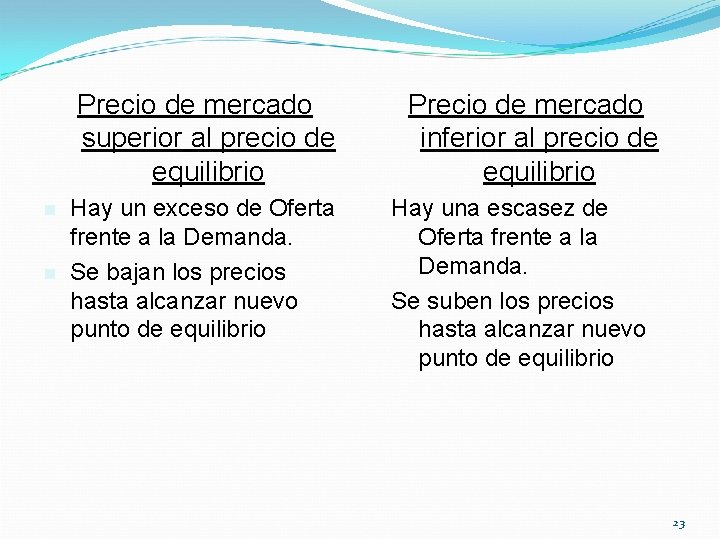 Precio de mercado superior al precio de equilibrio n n Hay un exceso de