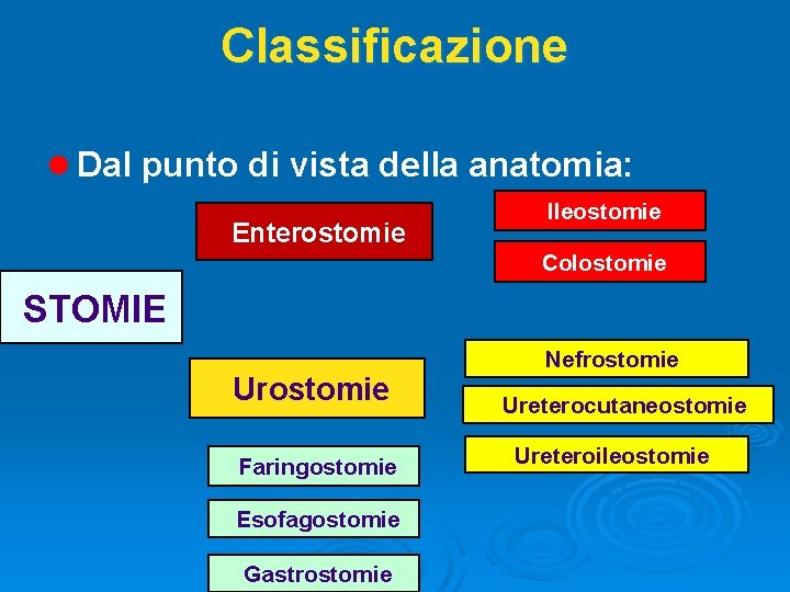 Classificazione l Dal punto di vista della anatomia: Enterostomie Ileostomie Colostomie STOMIE Urostomie Faringostomie