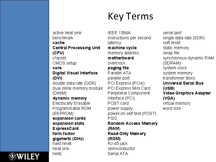 Key Terms active heat sink benchmark cache Central Processing Unit (CPU) chipset CMOS setup Key Terms active heat sink benchmark cache Central Processing Unit (CPU) chipset CMOS setup