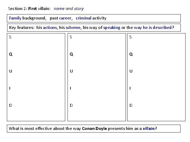 Section 2: First villain: name and story Family background, past career, criminal activity Key