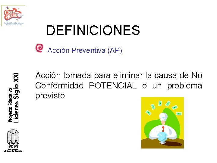 DEFINICIONES Acción Preventiva (AP) Acción tomada para eliminar la causa de No Conformidad POTENCIAL