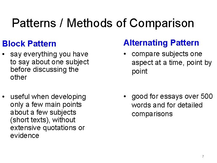 Patterns / Methods of Comparison Block Pattern Alternating Pattern • say everything you have