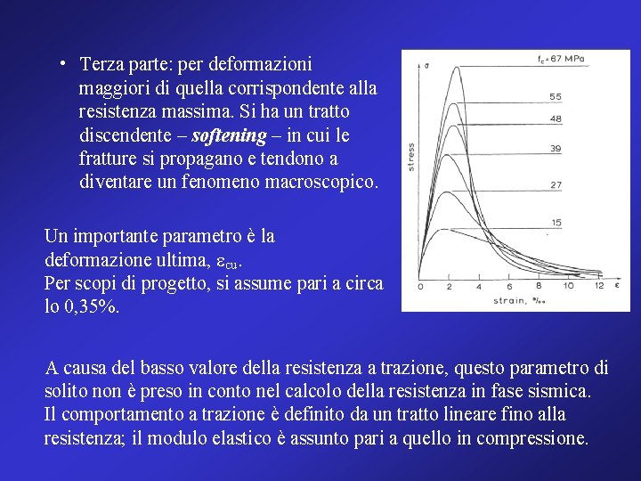  • Terza parte: per deformazioni maggiori di quella corrispondente alla resistenza massima. Si