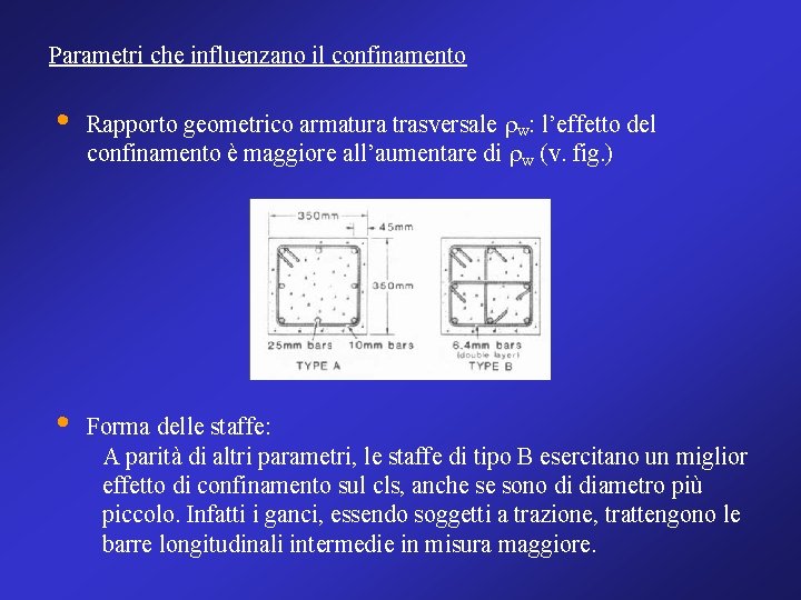 Parametri che influenzano il confinamento • • Rapporto geometrico armatura trasversale rw: l’effetto del