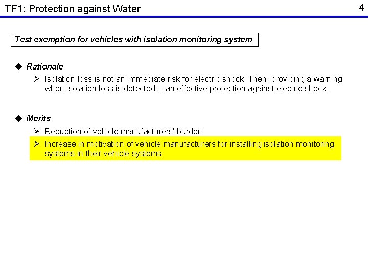 TF 1: Protection against Water Test exemption for vehicles with isolation monitoring system u