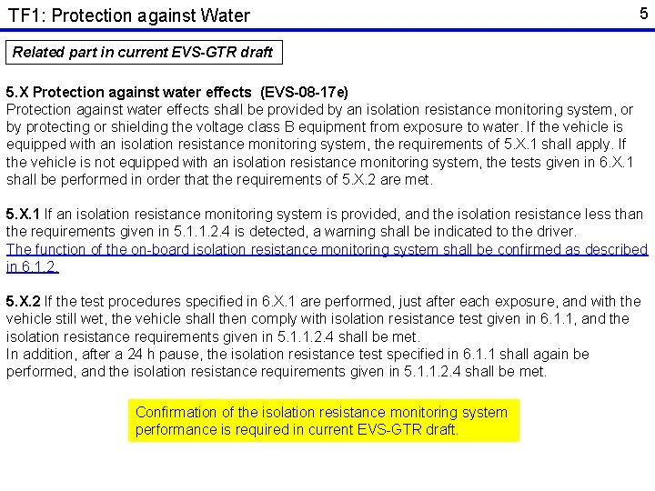 TF 1: Protection against Water 5 Related part in current EVS-GTR draft 5. X