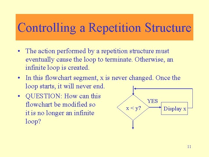 Controlling a Repetition Structure • The action performed by a repetition structure must eventually