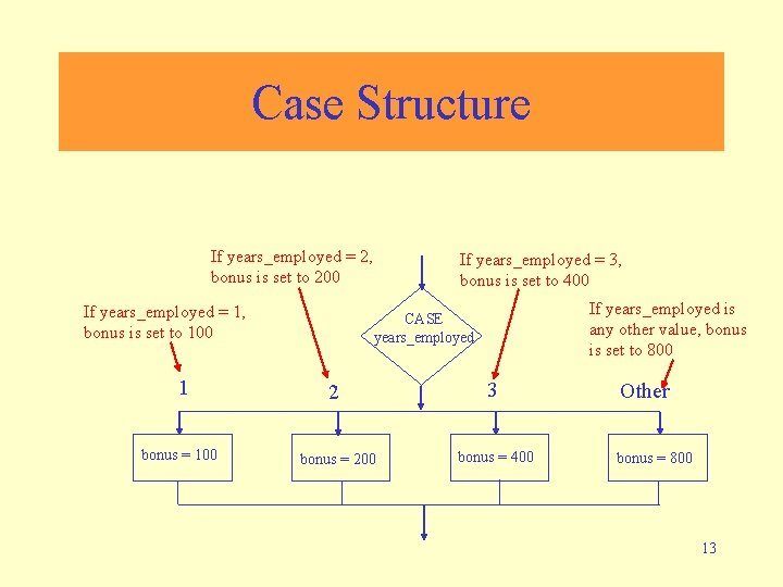 Case Structure If years_employed = 2, bonus is set to 200 If years_employed =