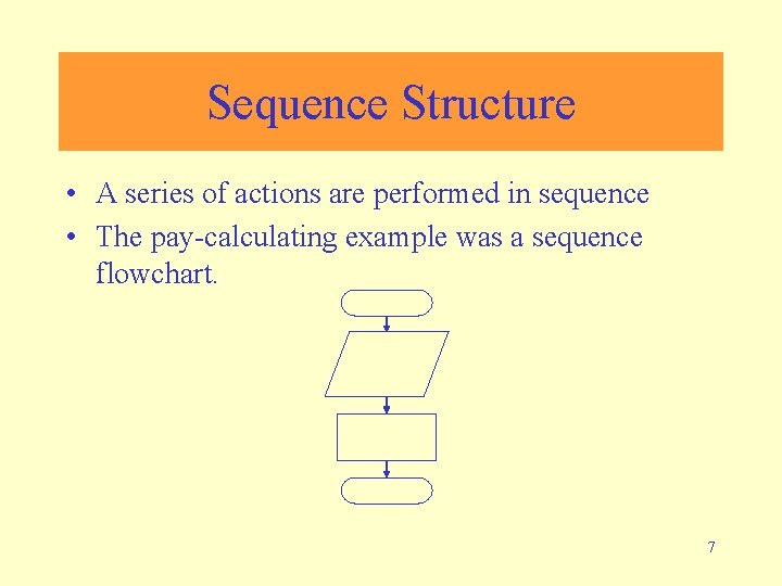 Sequence Structure • A series of actions are performed in sequence • The pay-calculating