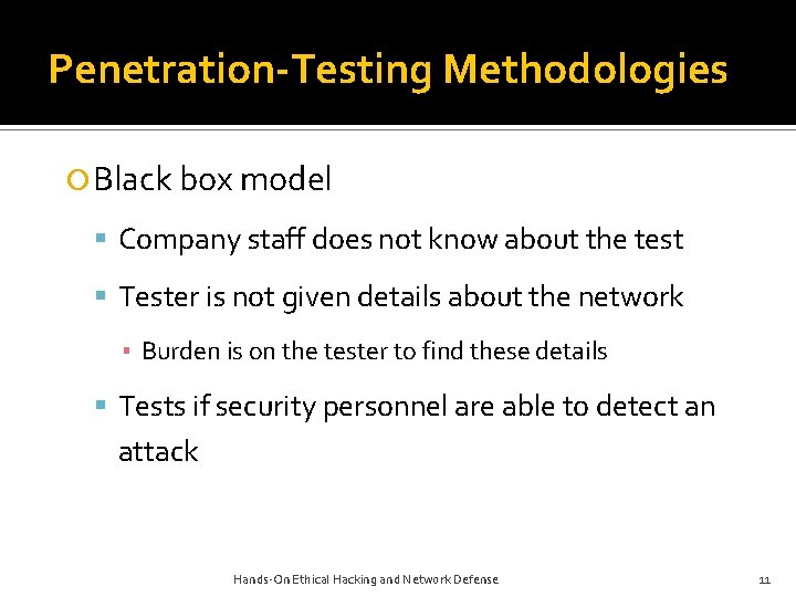 Penetration-Testing Methodologies Black box model Company staff does not know about the test Tester Penetration-Testing Methodologies Black box model Company staff does not know about the test Tester