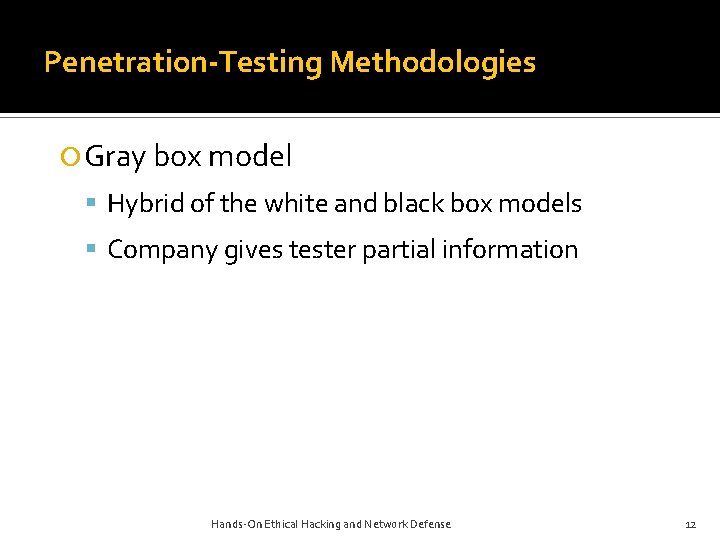 Penetration-Testing Methodologies Gray box model Hybrid of the white and black box models Company Penetration-Testing Methodologies Gray box model Hybrid of the white and black box models Company
