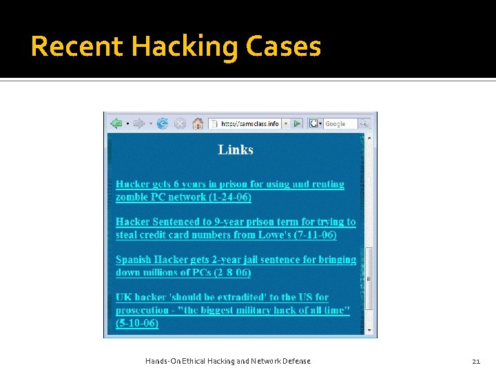 Recent Hacking Cases Hands-On Ethical Hacking and Network Defense 21 Recent Hacking Cases Hands-On Ethical Hacking and Network Defense 21