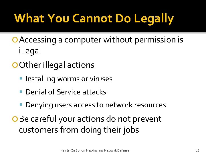 What You Cannot Do Legally Accessing a computer without permission is illegal Other illegal What You Cannot Do Legally Accessing a computer without permission is illegal Other illegal