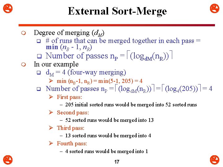  External Sort-Merge m Degree of merging (d. M) q # of runs that